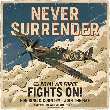Retro World War II style propaganda poster featuring a fighter plane flying with text Never Surrender.