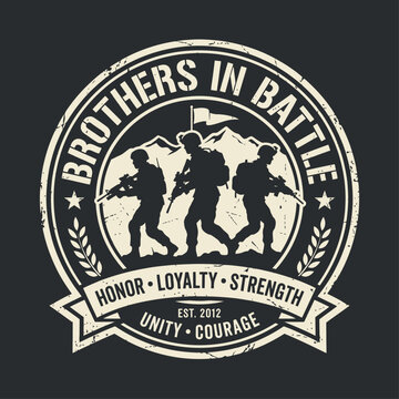 Military patch design featuring soldier silhouettes with text Brothers in Battle on a dark background logo design
