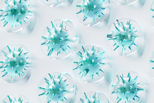 Seamless pattern of glass bacteria cells with neon cores and sharp spikes on white background in a minimalist laboratory style