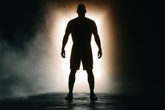 Silhouette football player in dark tunnel with bright stadium light, fog, high contrast cinematic mood.