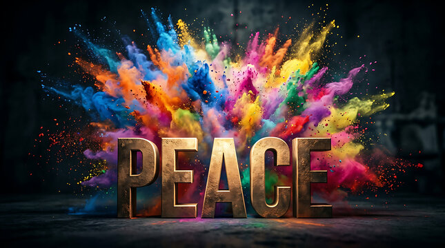 Large metallic peace sign text surrounded by explosive multi-colored powder burst with explosion colorful abstract metallic background celebration creative typography