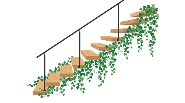 A minimalist wooden staircase design with a black metal handrail features lush hanging ivy vines cascading down the side of the open structural wooden steps.
