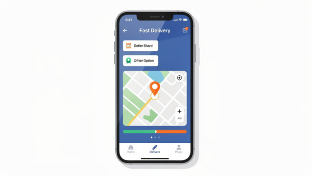 Fast Delivery App Interface on iPhone: Map, Location Pin, Delivery Status