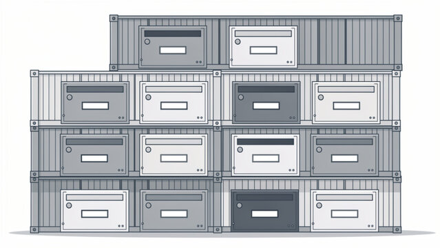 Stack of gray and white mailboxes in shipping containers, storage organization