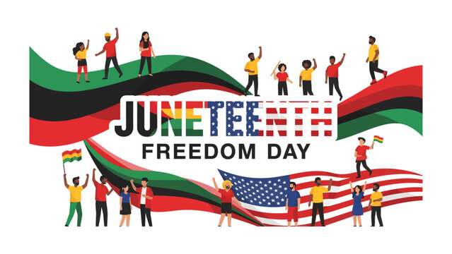 Juneteenth Freedom Day Celebration: A vibrant illustration depicts people celebrating Juneteenth, also known as Freedom Day, with jubilant crowds holding flags, American flag, and banners of red.
