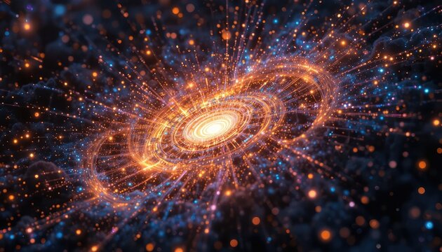 Digital galaxy made of binary code and glowing particles, abstract futuristic technology wallpaper.
