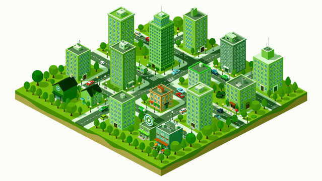 Green isometric city buildings and trees, eco-friendly urban landscape design