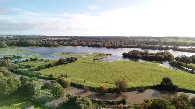 Aerial Wide View of River Nene Wetlands with Islands and Reed Beds in England