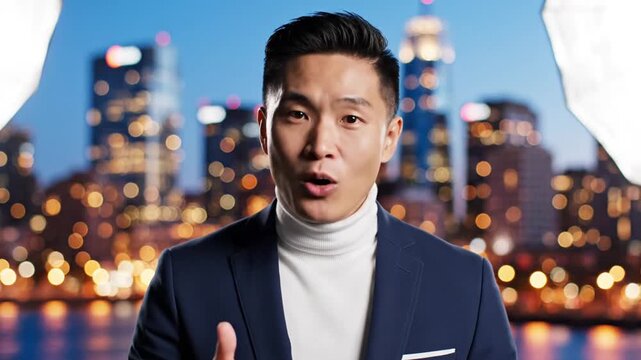 Asian man in navy suit talking with city lights bokeh background