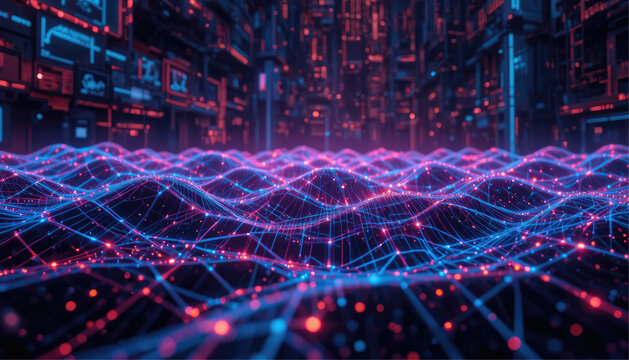 Sci-fi inspired digital mesh background with glowing wireframes and advanced cyber textures
