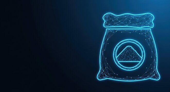 Glowing blue wireframe outline of a bag of flour or grain, representing food ingredients and baking essentials.