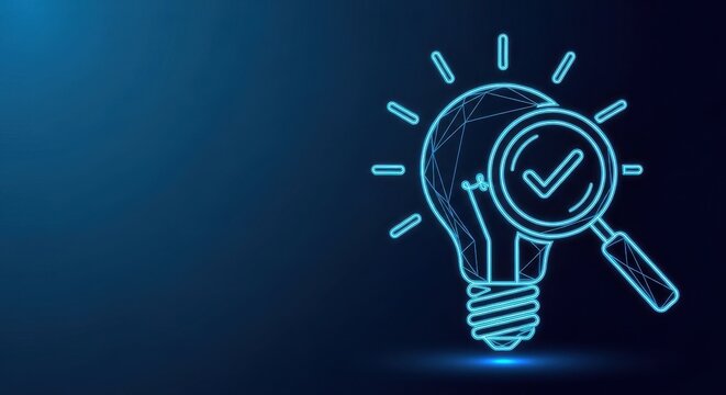 Glowing Wireframe Lightbulb with Checkmark Symbol Representing a Verified Innovative Idea on a Dark Blue Digital Background