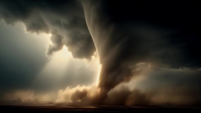 Tornado, twister, weather, natural disaster. A dramatic depiction of a stormy sky. A large, swirling cloud forms the central subject, with a distinct funnel cloud extending upwards.