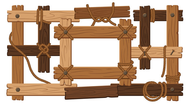 A rustic frame composed of overlapping wooden boards and timber beams reinforced with rope lashings and exposed metal nails against a solid white background.