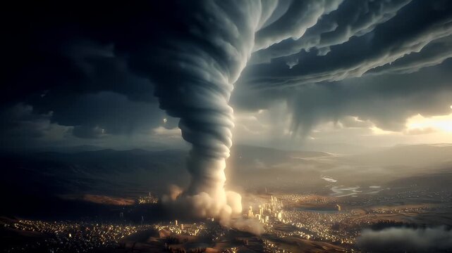 Tornado, twister, weather, natural disaster. A dramatic depiction of a massive, swirling cloud formation over a cityscape. The sky is filled with dark, stormy clouds, and the sun casts a warm.