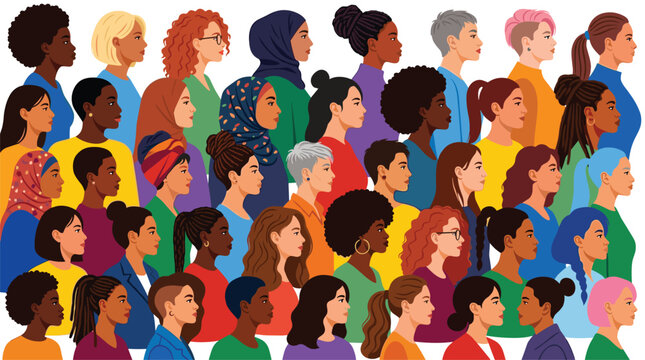 A large collection of profile portraits of women with varied hairstyles and clothing displayed in a dense grid format against a plain white studio backdrop.