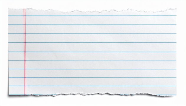 Torn lined notebook paper with blue lines and red margin, white background, close-up view of paper texture