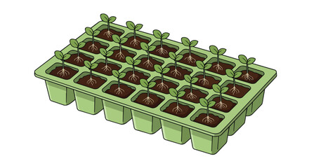 Naklejka premium Young green seedlings growing in a seedling starter tray with soil and roots illustration