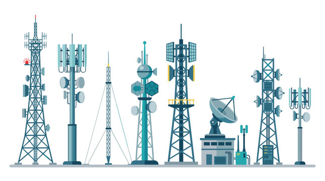 A collection of various industrial telecommunication radio masts and cell phone towers arranged horizontally against a solid white background with a clean flat graphic design style