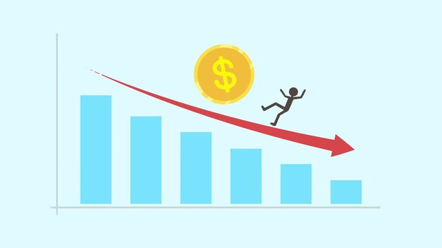 Decreasing value graph, inflation crisis animation, economic recession chart, business and financial loss