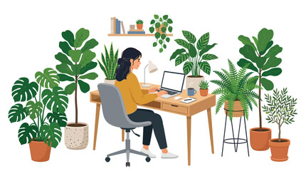 Fototapeta premium A woman working remotely on her laptop while sitting at a wooden desk surrounded by an abundant collection of lush indoor potted plants in a bright home office.