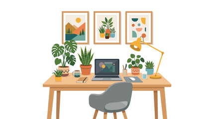 Fototapeta premium A desk with a laptop and a yellow lamp stands before three framed pictures of mountain and plant art on a wall in a brightly lit professional home office.