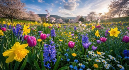 Obraz premium Vibrant Spring Meadow Blooming with Colorful Flowers Under Blue Sky.