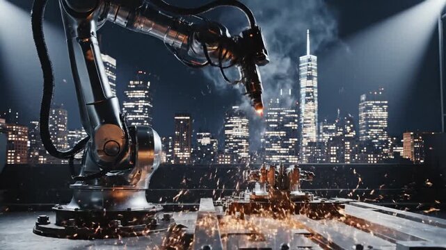 Industrial robotic arm working on complex machinery at night with city skyline