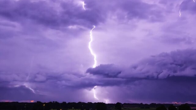 time lapse thunderstorm lightning strikes, ominous dark sky clouds. thunder illuminating. storm weather atmospheric background. electric shocks. flash night stormy windy VFX 4K. power bolt glow effect