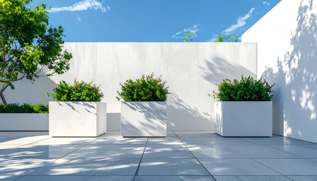 Modern Outdoor Patio with White Planters and Lush Greenery.