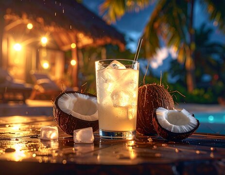 Coconut drink gleams beside sliced coconuts on wet table. Soft lights glow warmly in tropical evening backdrop. Raindrops fall gently over poolside wooden surface. Glass holds ice, straw