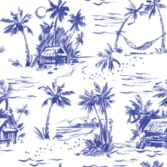 Tropical landscape with palm trees, beach,   bungalow, ocean seamless pattern, hand-drawn  sketches © aksol