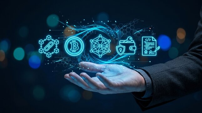 Hand holding futuristic digital globe with 2030 and blockchain network icons