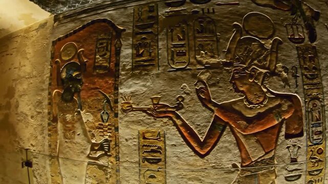 Ancient Egyptian hieroglyphs and pharaonic wall paintings in tomb. temple gods and kings figures carved on stone historical archaeology art Egypt civilization culture mystery heritage. history pharaoh