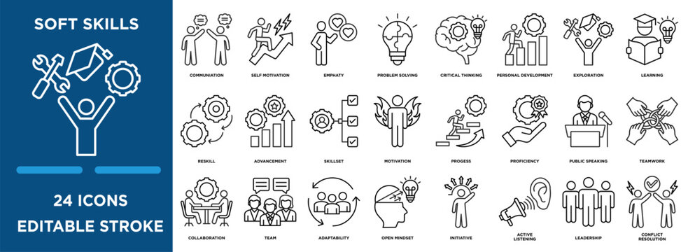 Soft skills icon collection set. Containing design team, training, business, motivation, education, development, success icon. simple line vector editable