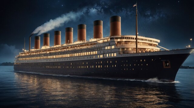 Majestic vintage ocean liner cruise ship illuminated at night captured in a detailed professional photograph sailing across dark calm waters