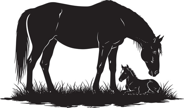Silhouette of mare and foal standing on grass showing maternal care and animal family bond isolated on white background