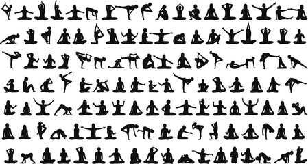 Obraz premium Collection of yoga poses and meditation silhouettes