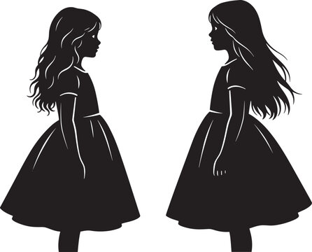 Silhouette of two girls facing each other showing childhood friendship and communication isolated on white background for social concepts