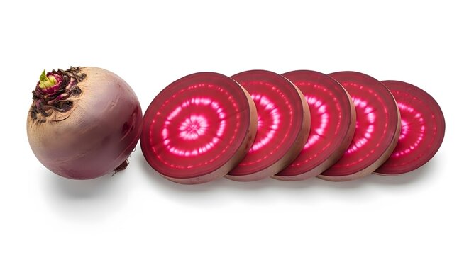 Fresh red beetroot with slices showing inner rings on white background
