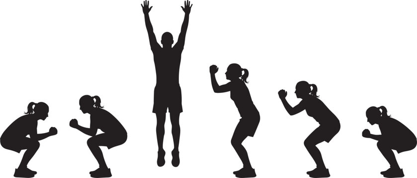 Woman performing squat jump exercise sequence silhouette showing fitness training, strength workout routine, and active healthy lifestyle concept