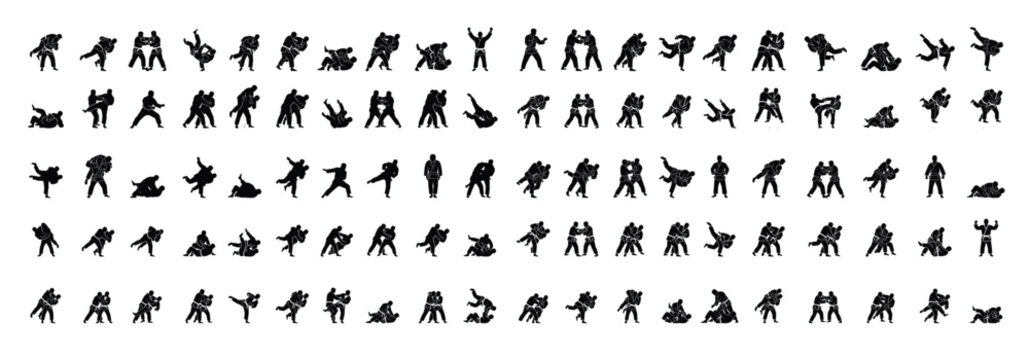 Judo Fighter Silhouette Collection Vector Icons Martial Arts Combat Sport Action Poses