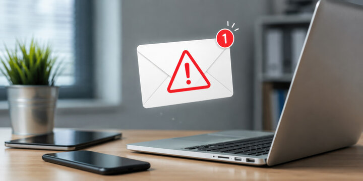 A laptop on a desk with a notification alert for new email