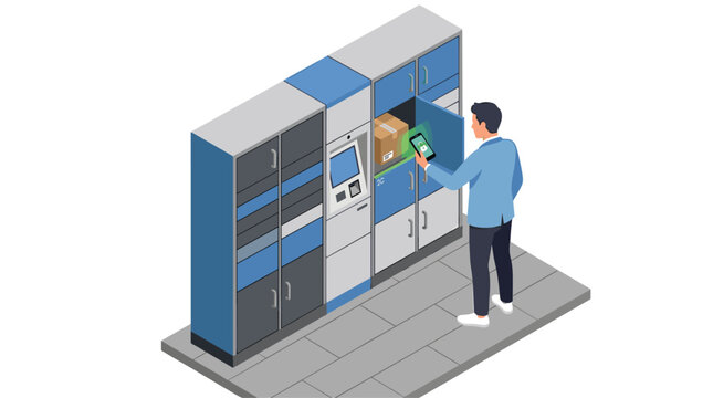 A man stands in an isometric view using a smartphone to unlock a blue and grey automated parcel locker containing a brown cardboard box within a modern commercial facility.