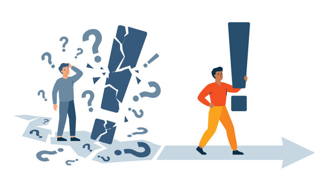 A man observes a fragmented exclamation mark while another person carries a solid mark along a directional arrow path in a flat vector illustration style.