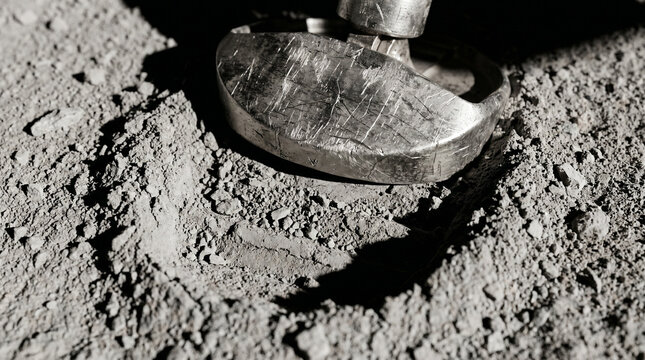 Close-up of a commercial lunar lander foot creating an imprint in the dusty gray lunar surface, highlighting texture and contrast in a monochromatic setting