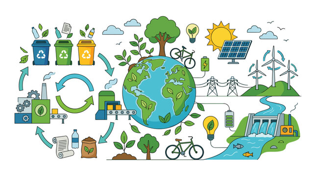 A circular flow chart illustrates sustainable green energy solutions featuring recycling bins and global environmental systems within a clean white minimalist graphic design aesthe