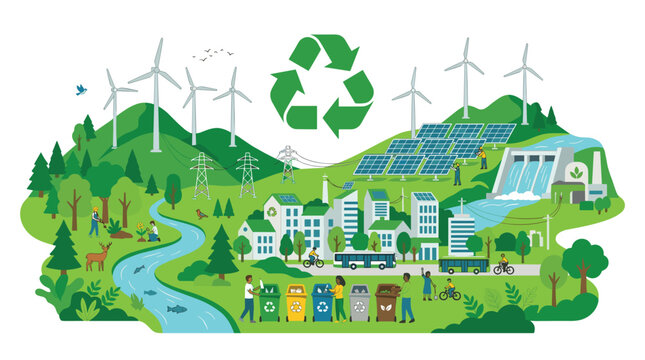 People and wildlife coexist within a lush landscape featuring wind turbines and solar farms under a prominent green recycling emblem in a vibrant flat vector art style.