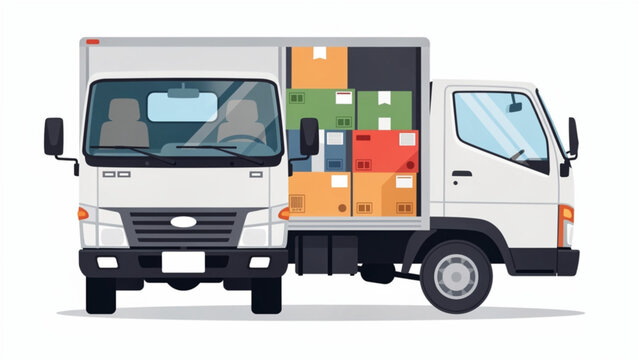 White delivery truck loaded with colorful boxes, ready for transport and logistics