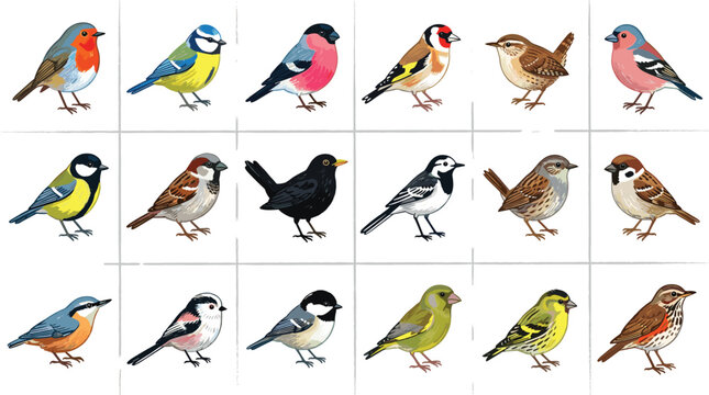 Various European birds are organized within thin grey rectangular frames on a light neutral background featuring realistic color renderings and detailed biological illustrations.